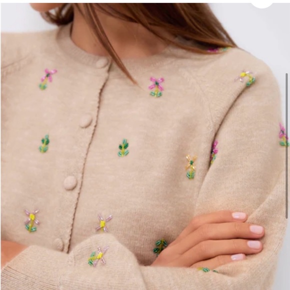 NOT FOR SALE Tuckernuck Multi Floral Embellishment Elsie Cardigan in Tan - Picture 2 of 11